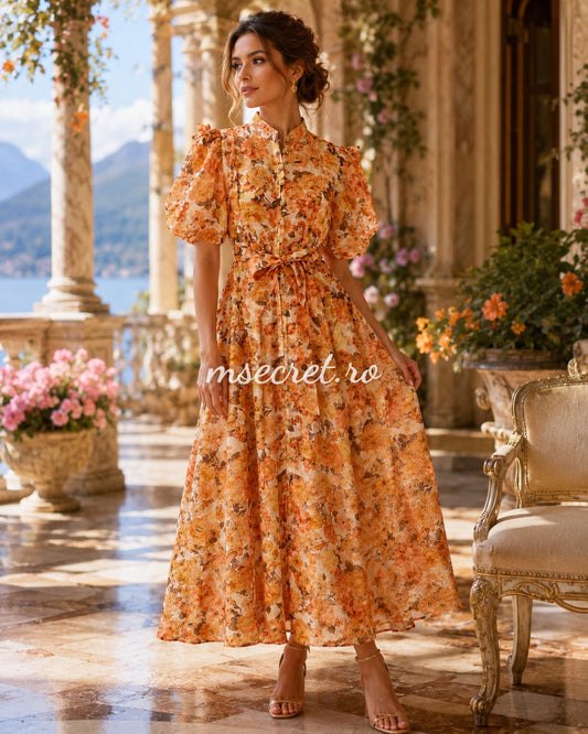 Rochie din in cu imprimeu floral orange si maneci bufante