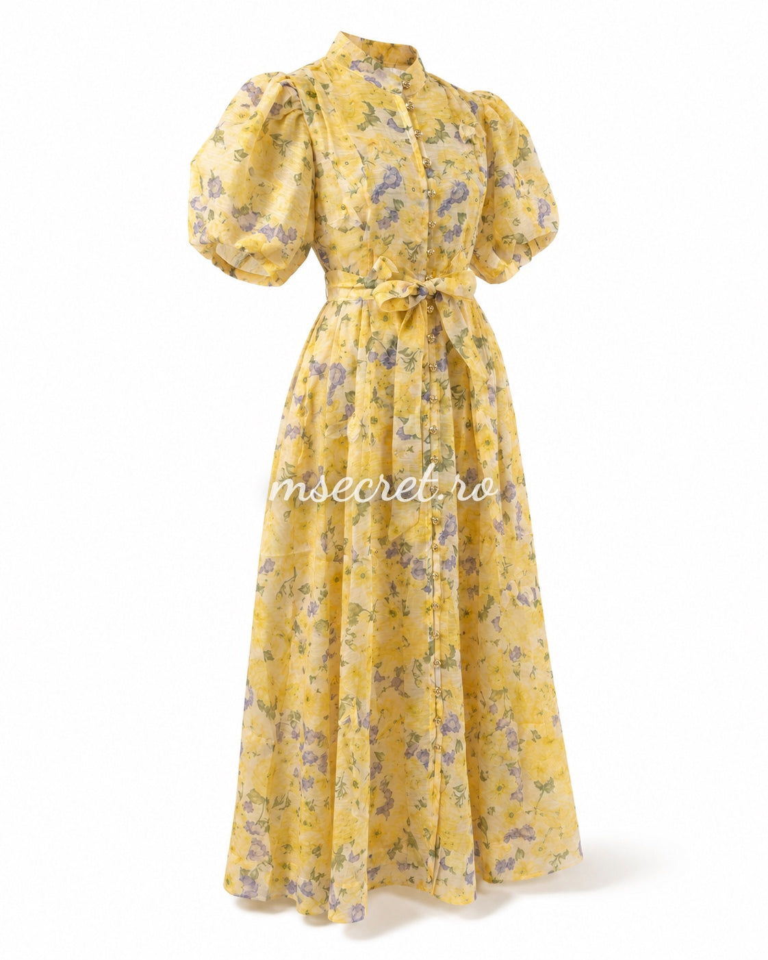 Rochie din in cu imprimeu floral galbena si maneci bufante