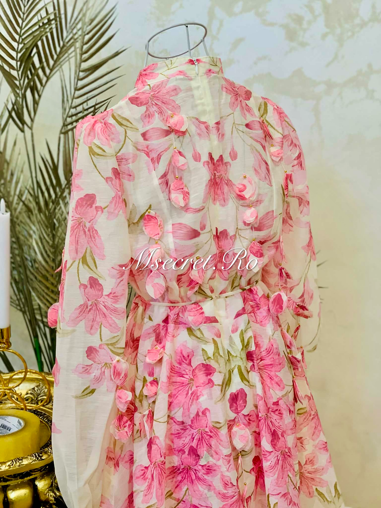 Pink long linen dress with floral print and 3D appliques