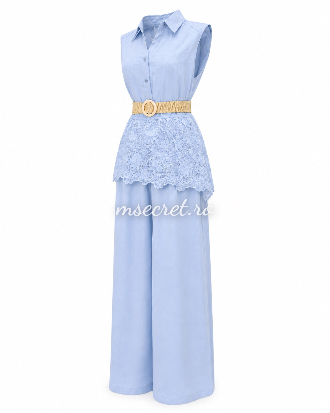 Compleu blue din in cu pantaloni largi si dantela