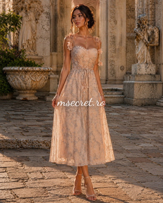 Rochie lunga bej din in cu corset și bretele reglabile