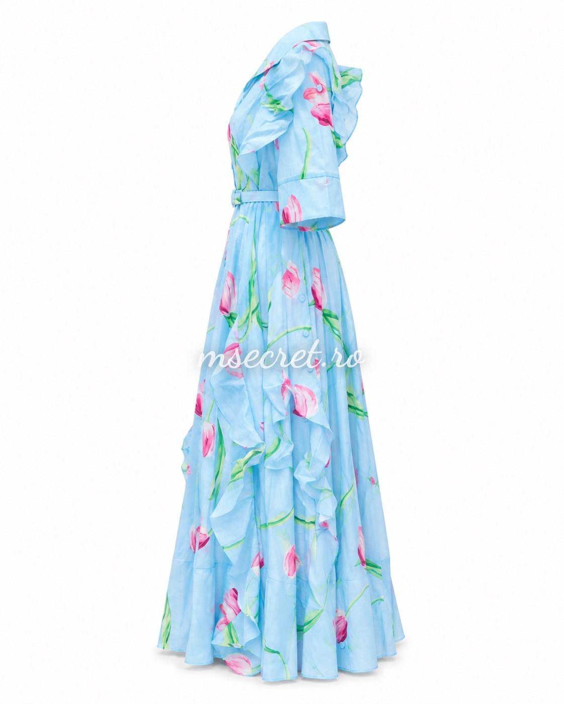 Rochie din in blue cu print floral si volane