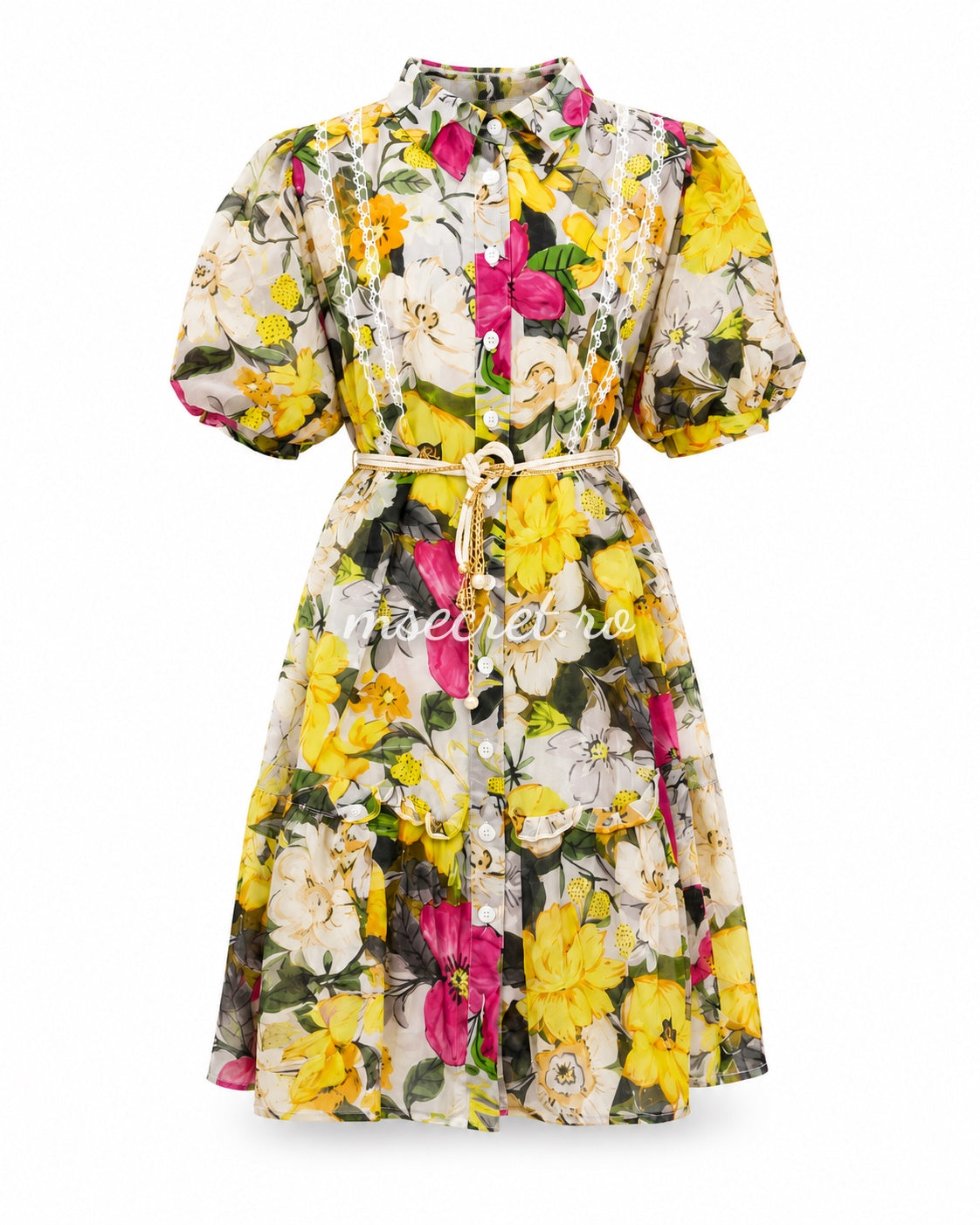 Rochie vaporoasa cu imprimeu floral, maneci bufante si detalii din dantela