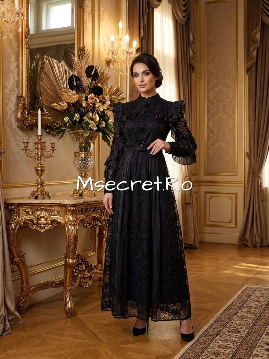 Rochie lungă elegantă neagră din dantelă cu volane