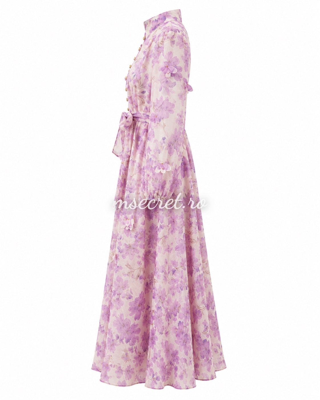 Long purple linen dress with floral print and 3D appliques