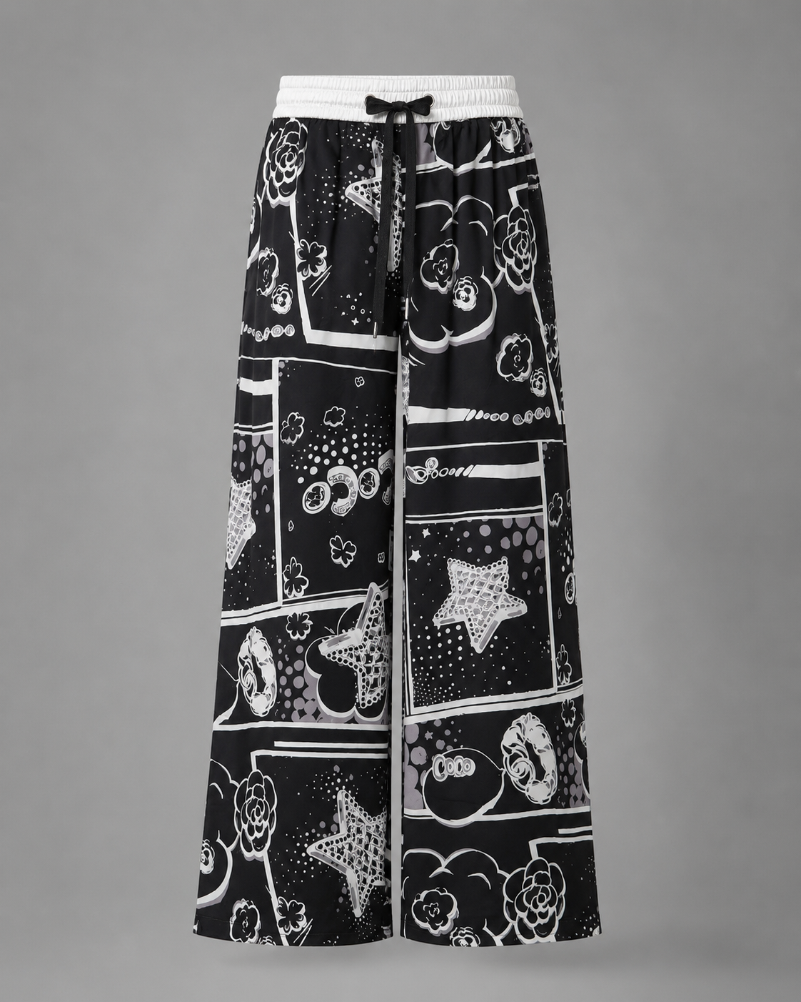 Pantaloni negri lungi din satin cu imprimeu grafic
