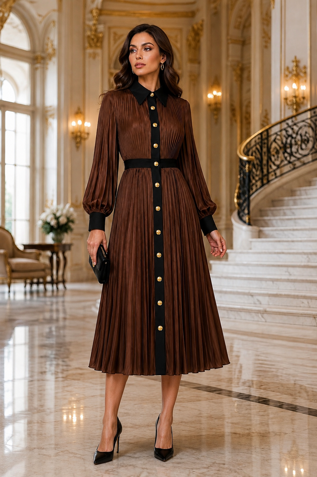 Premium satin midi dress in brown
