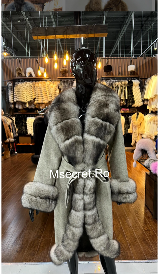 Palton elegant din alpaca cu blana naturala de vulpe