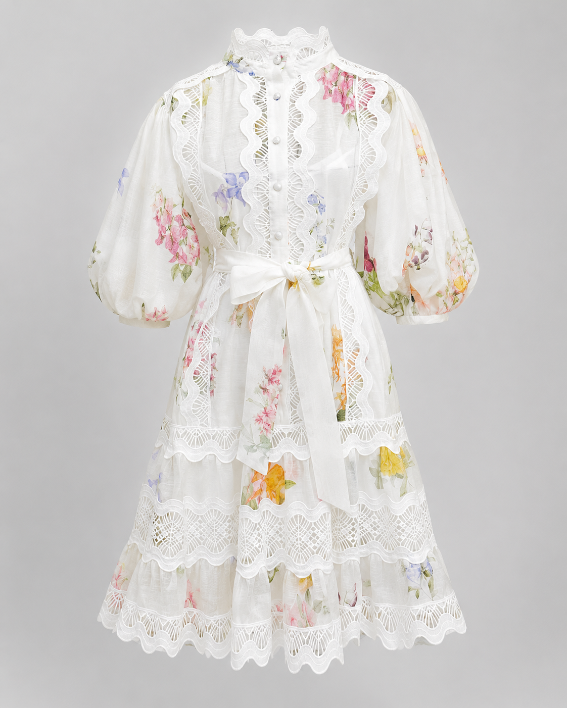 Rochie alba din in cu imprimeu floral si broderie decorativa
