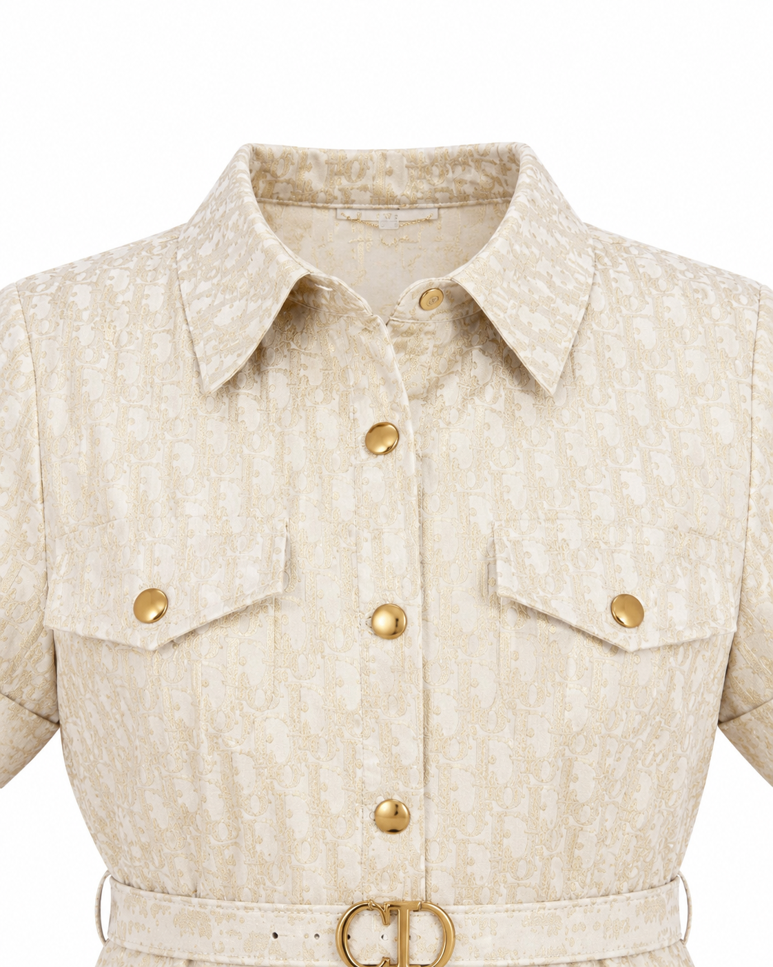 Rochie tip camasa ivory cu imprimeu monogram si detalii aurii