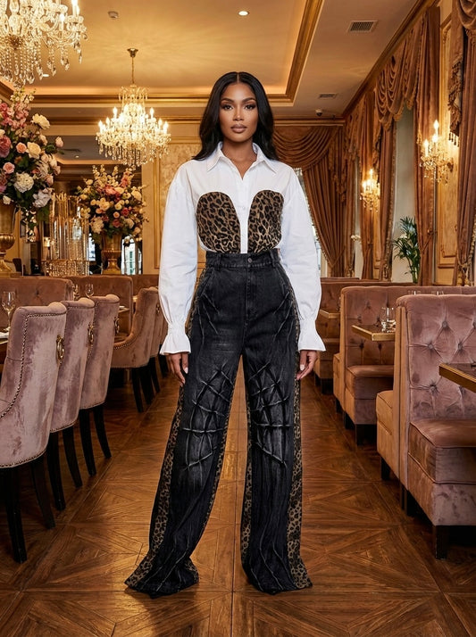 Blugi negri largi cu insertii animal print