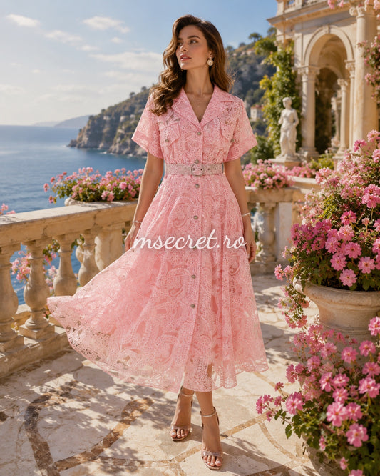Rochie midi elegantă roz din dantelă