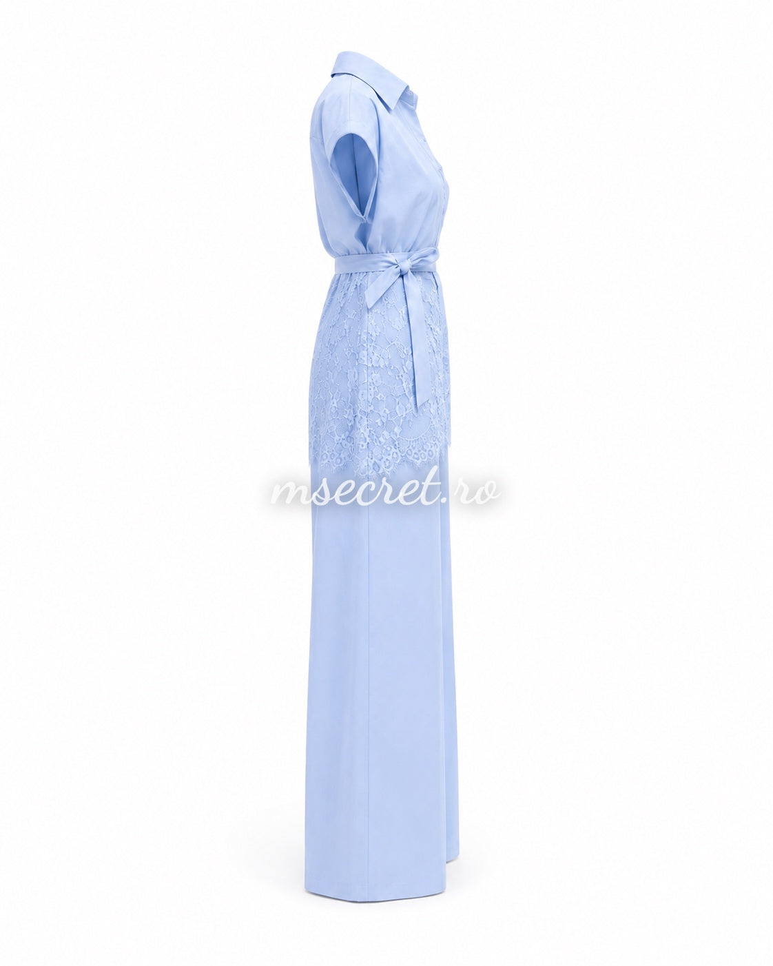 Blue linen set with lace and wide-leg pants