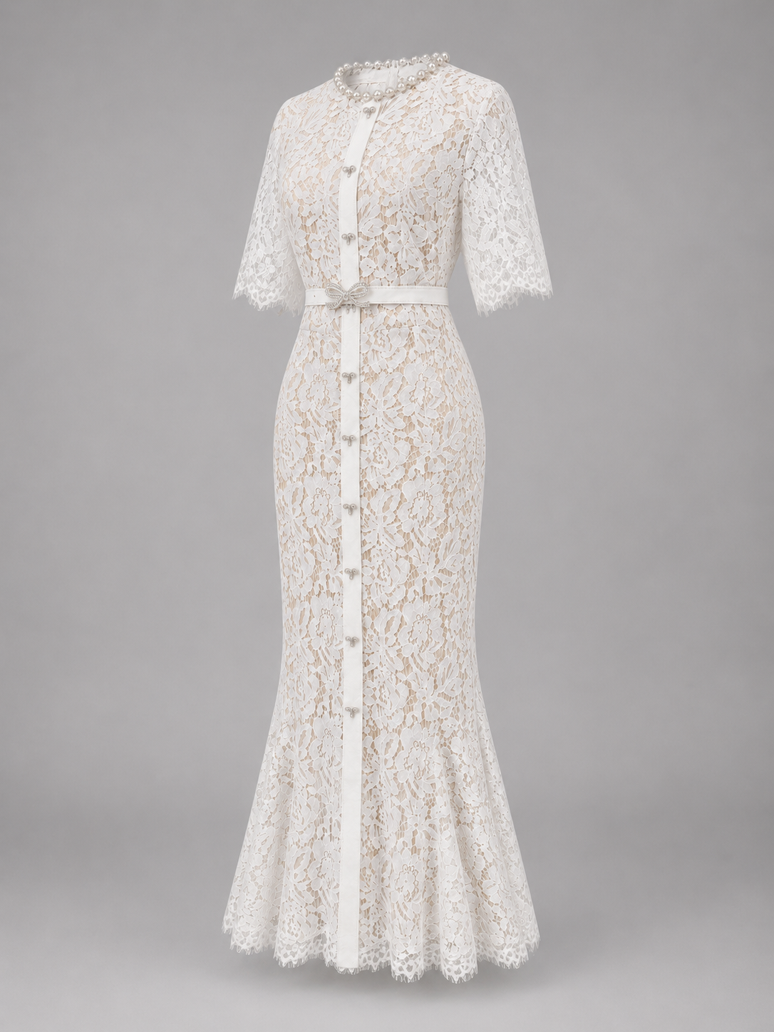 White lace dress with pearl details