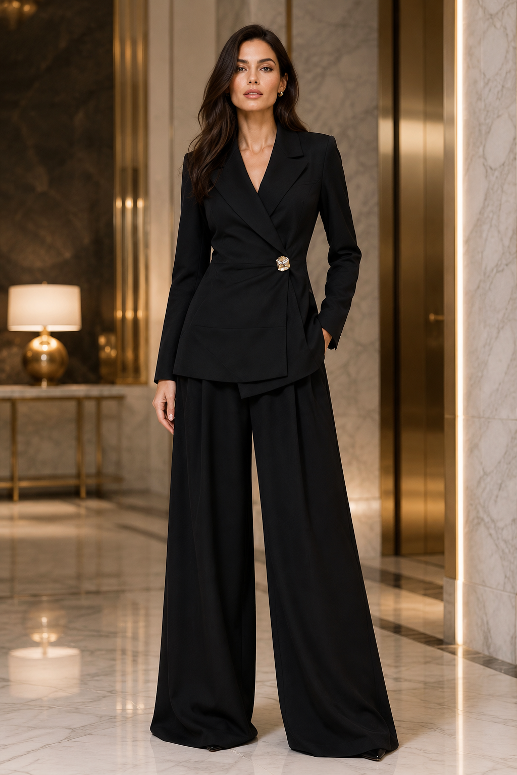 Costum negru cu sacou asimetric si pantaloni largi