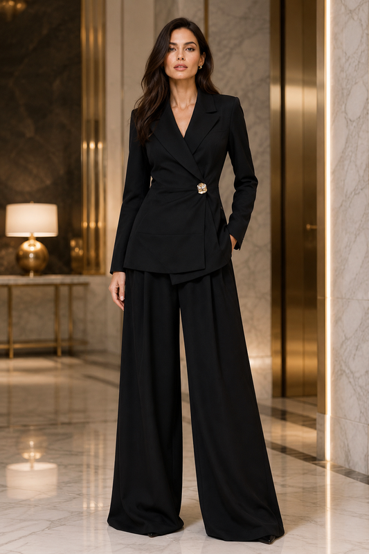 Costum negru cu sacou asimetric si pantaloni largi