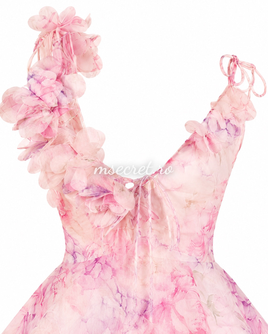 Rochie roz cu imprimeu floral si aplicatii 3D