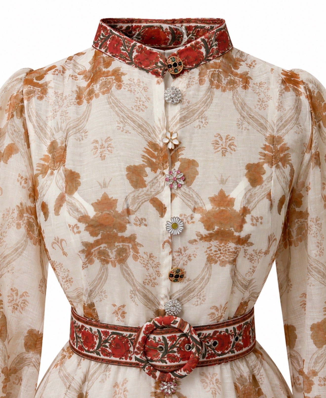 Short linen dress with artistic print and jewel buttons