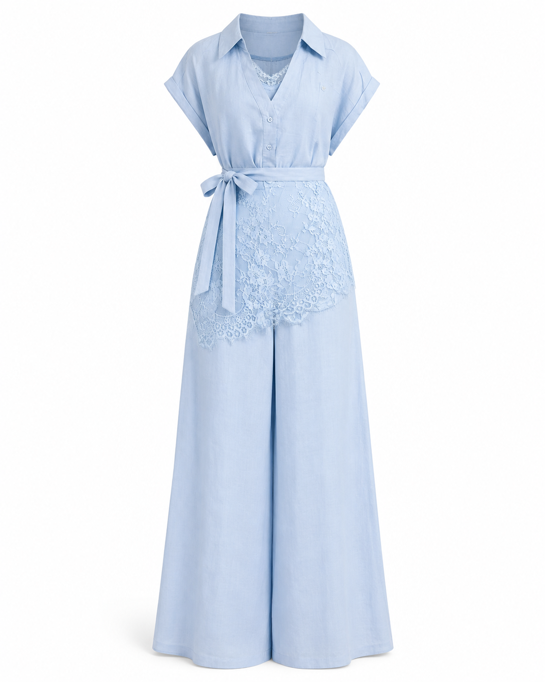 Compleu blue din in cu pantaloni largi, top fara maneci si dantela