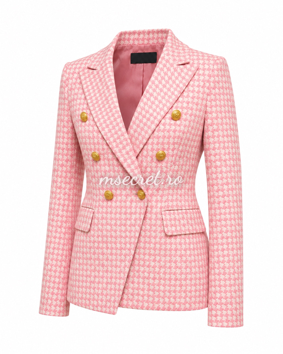 Pink houndstooth blazer with gold buttons