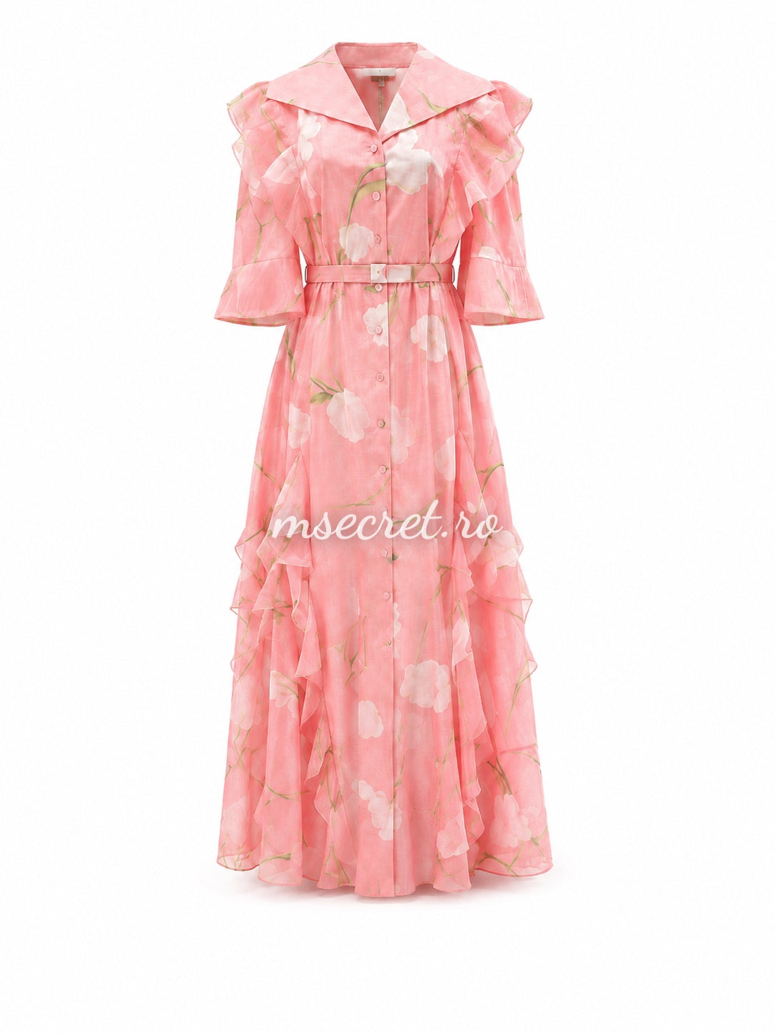 Rochie din in roz cu print floral si volane