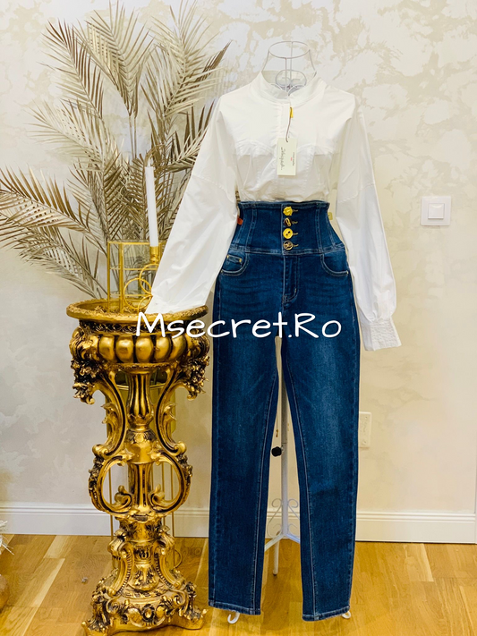 Blugi cu modele aurii si talie inalta