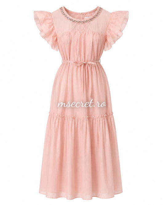 Rochie roz vaporoasa cu volane