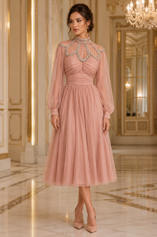 Rochie midi roz pudrat din tulle cu aplicatii din cristale