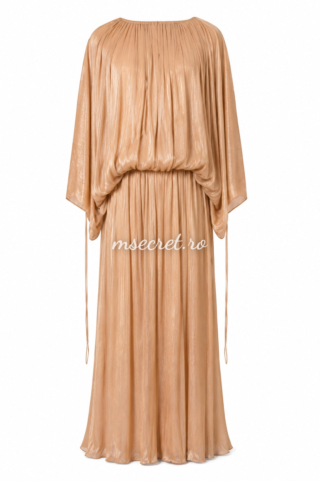 Rochie lunga champagne cu efect satinat si maneci ample