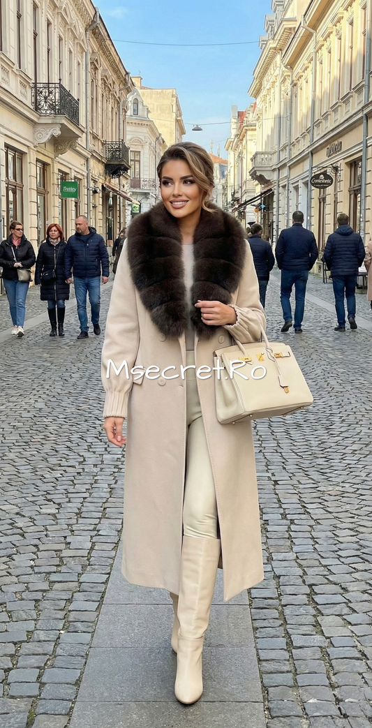 Palton din lana casmir cu blana naturala detasabila