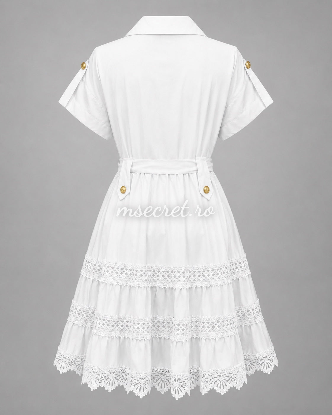 White shirt dress with waist tie and lace inserts