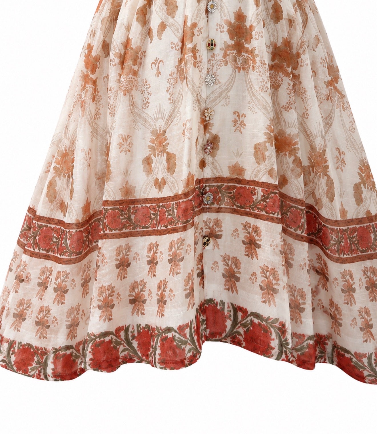 Short linen dress with artistic print and jewel buttons