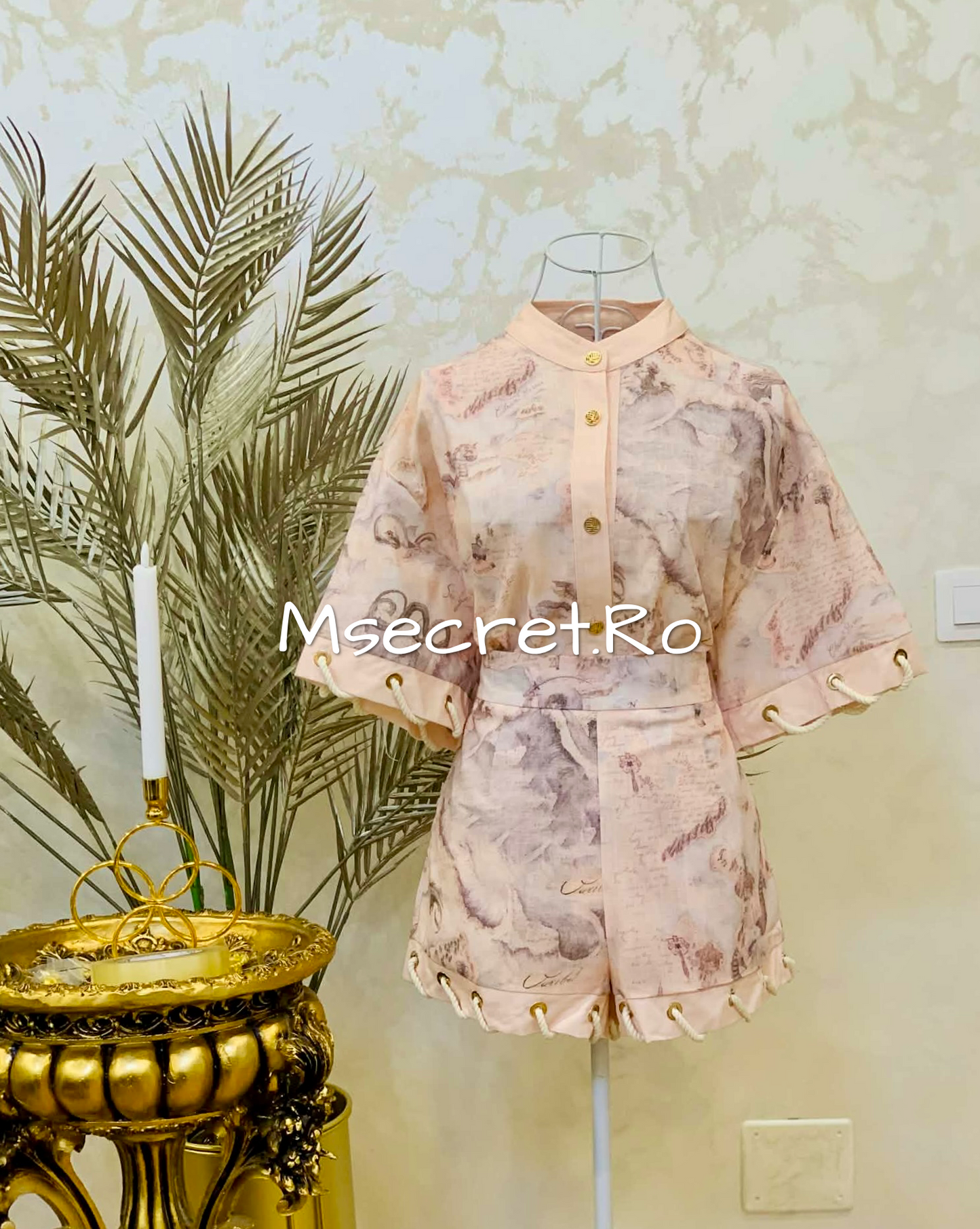 Powder pink linen set with an artistic print