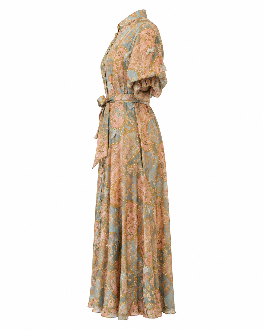 Rochie din in cu imprimeu floral vernil si maneci bufante