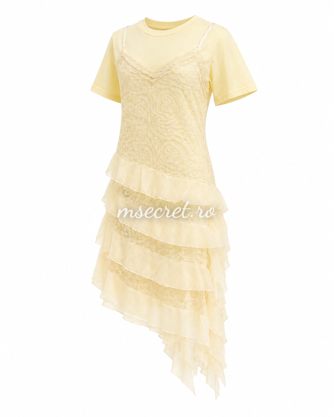 Pale yellow cotton dress with lace overlay and ruffles