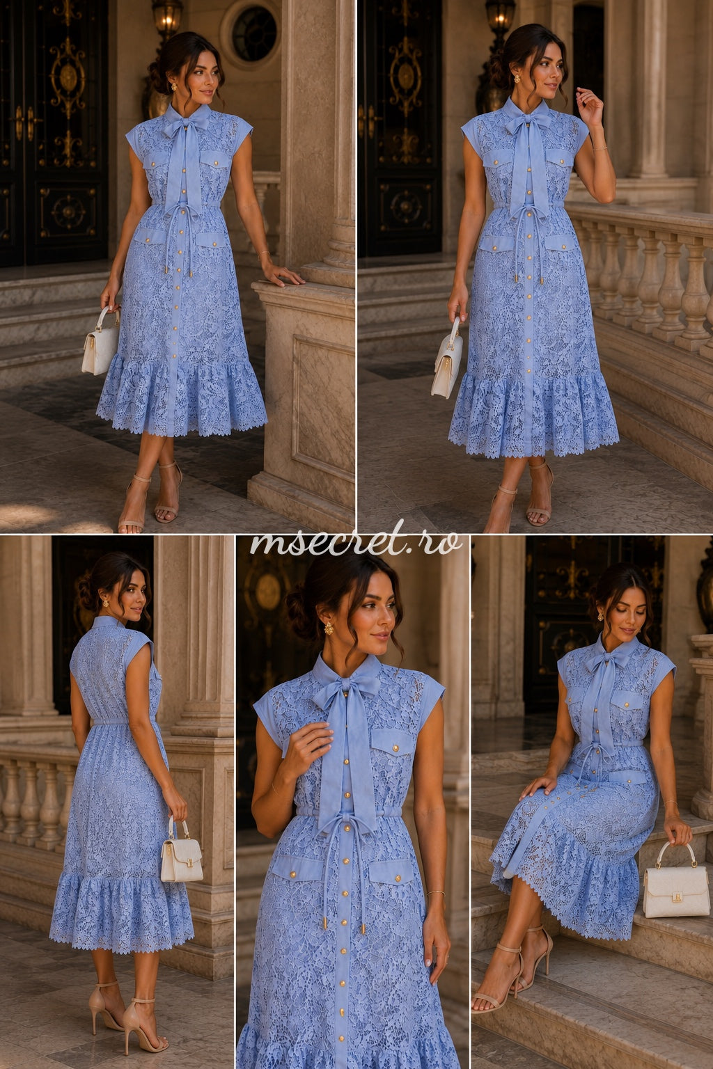 Rochie midi baby blue din dantela cu funda la gat