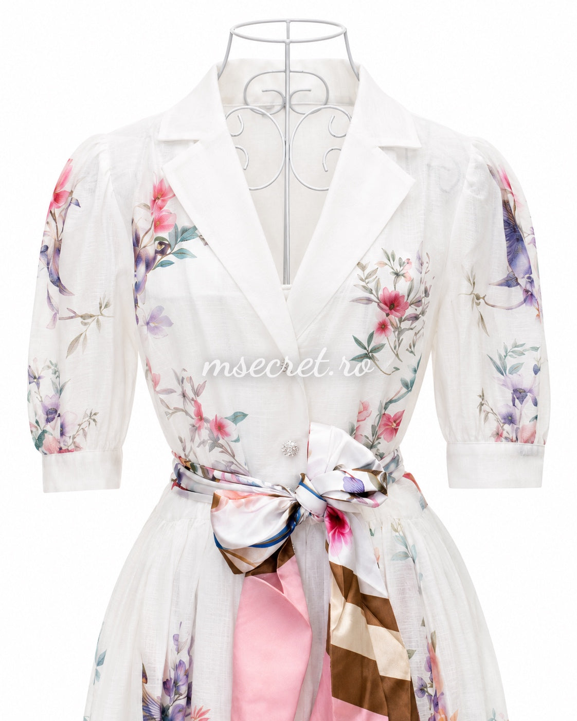 Rochie midi din in cu imprimeu floral si cordon tip esarfa