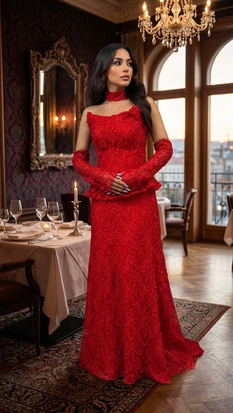 Rochie lunga rosie din dantela