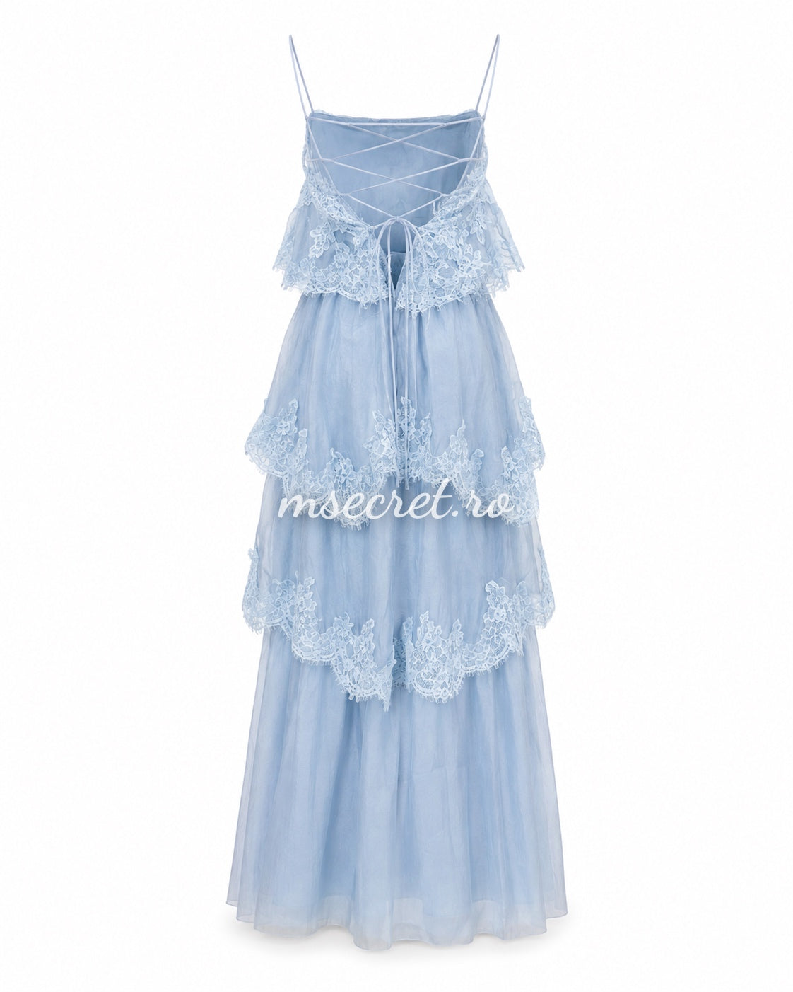 Rochie lunga blue cu volane si dantela romantica
