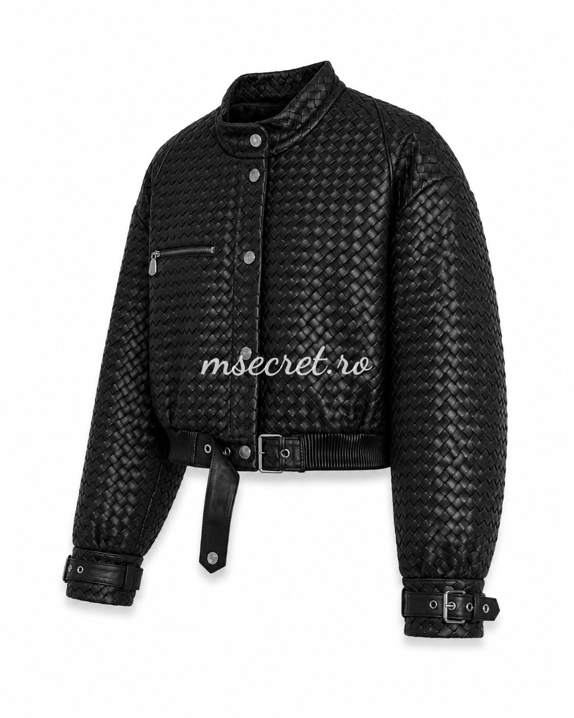 Geaca scurta din piele naturala neagra cu textura impletita