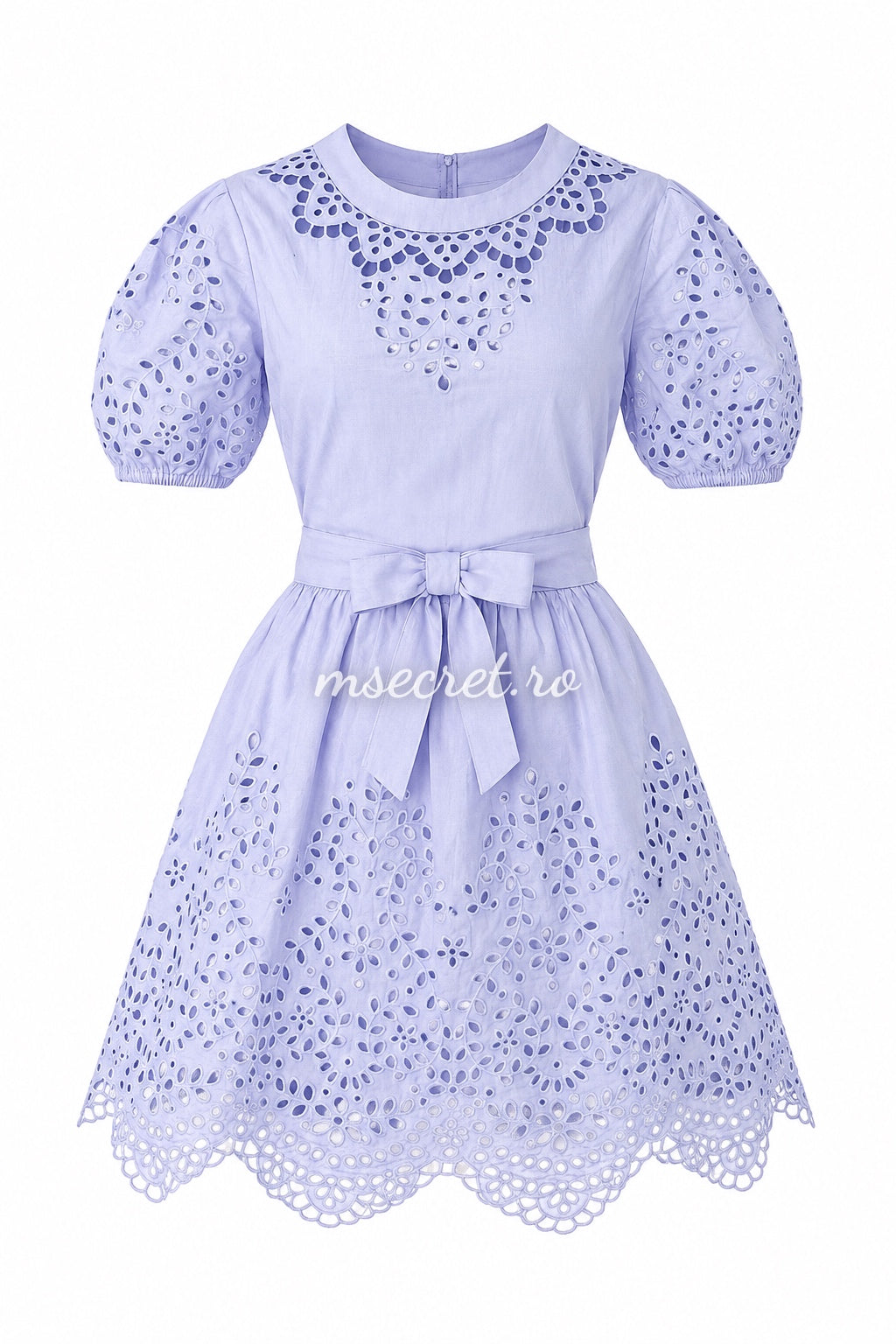 Rochie lila din bumbac perforat cu maneci bufante si cordon