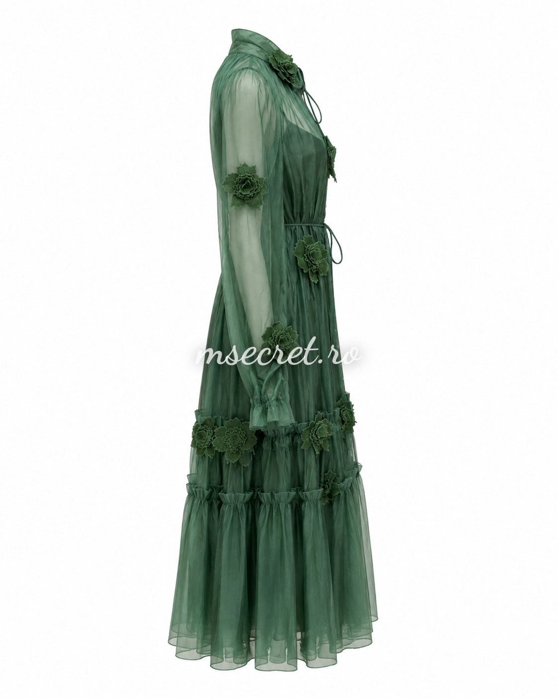 Green voile dress with 3D floral appliqués