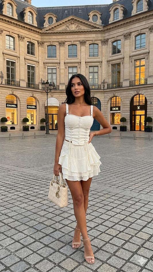 Compleu alb cu bluza tip corset si fusta scurta cu volane