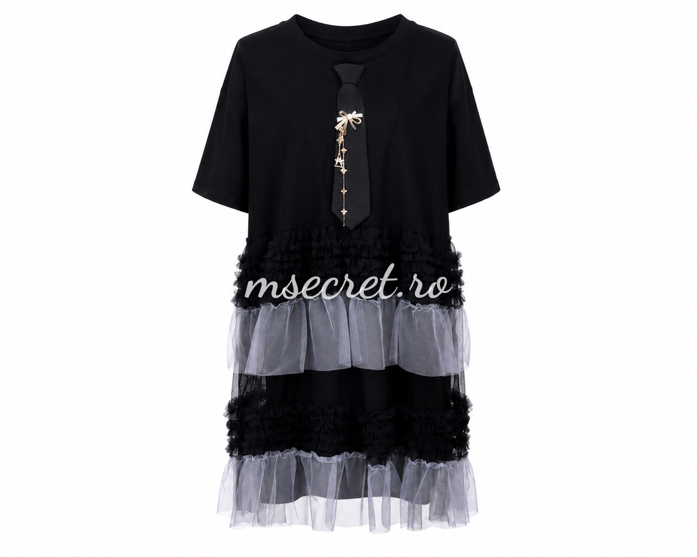 Rochie neagra din bumbac cu volane din tulle si accesoriu tip cravata