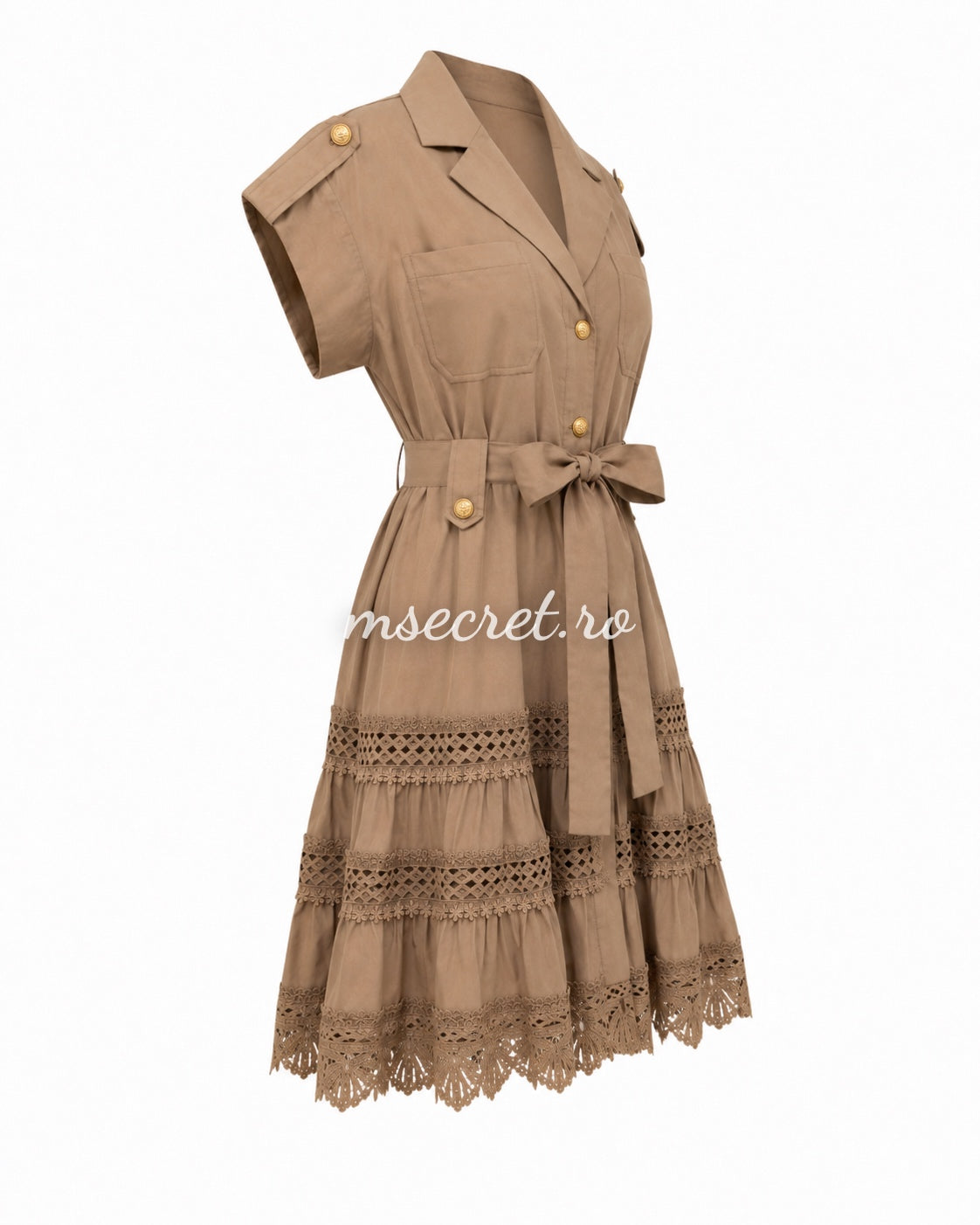 Rochie camasa bej cu cordon in talie si insertii din dantela
