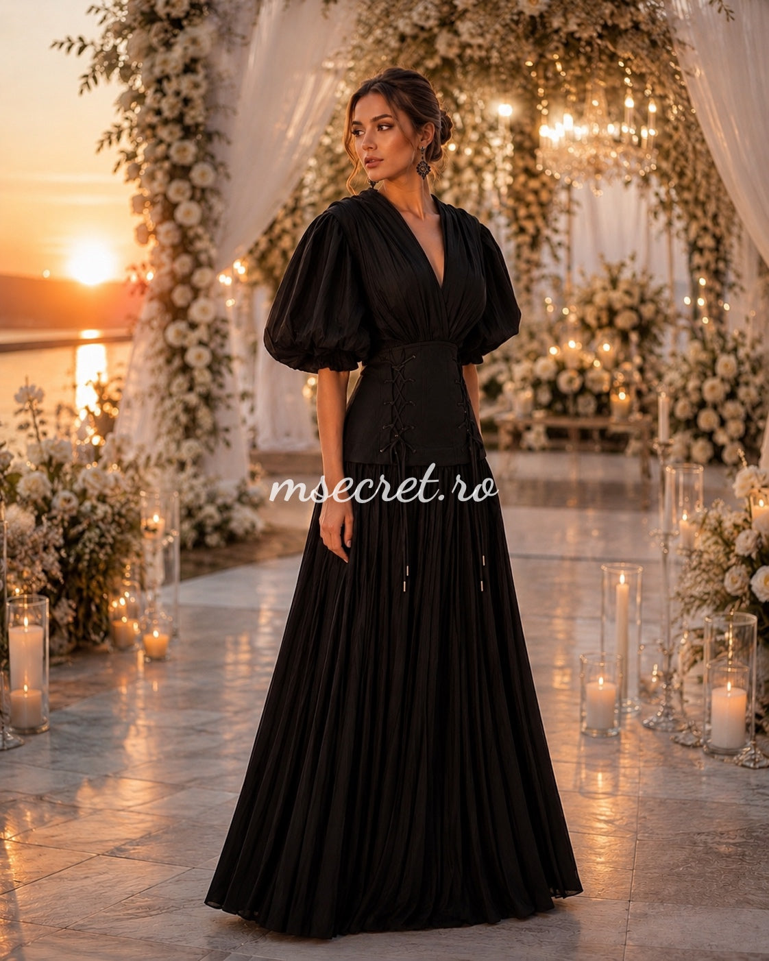 Elegant long black dress with a corset and pleated skirt – evening gown with puff sleeves