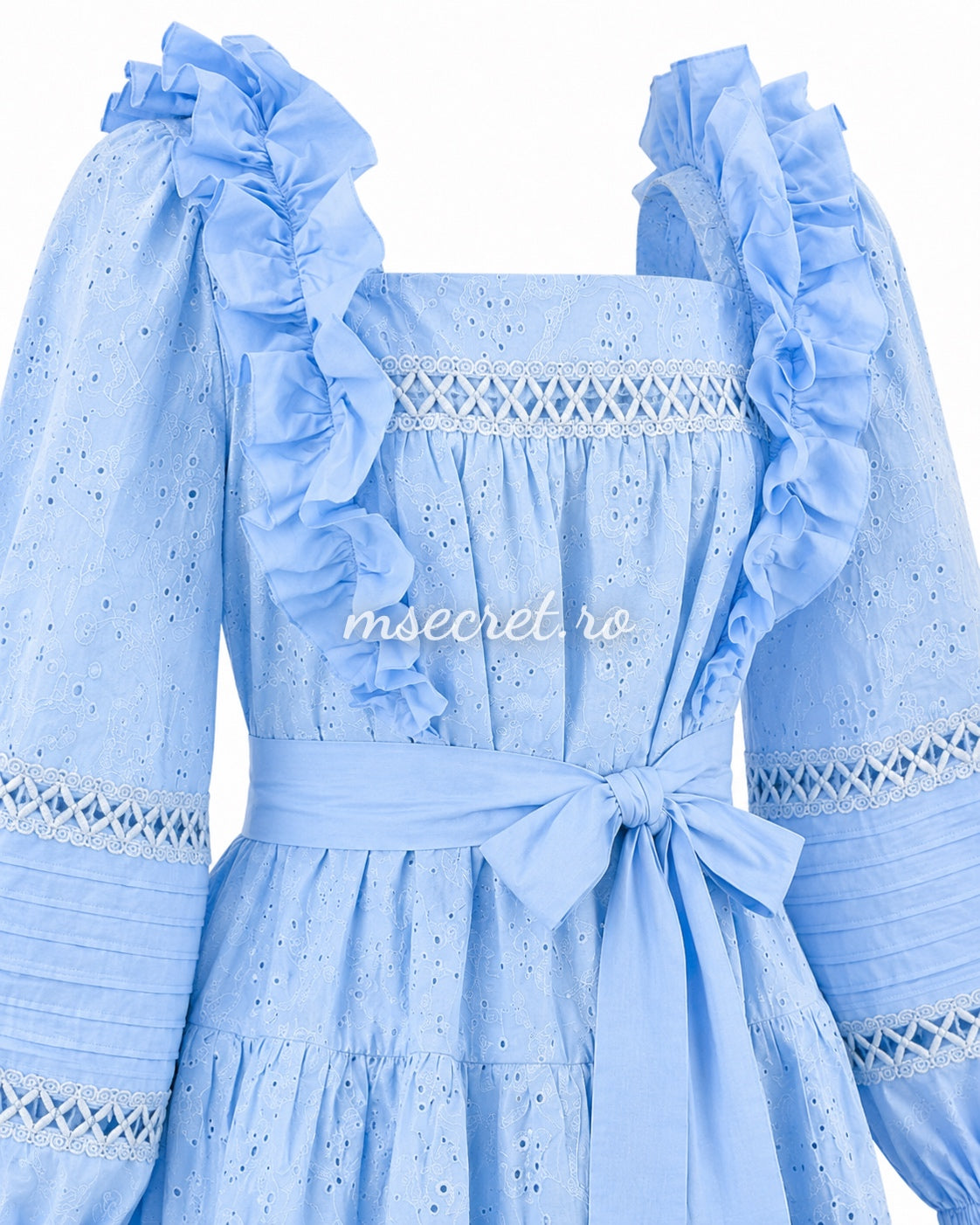 Blue linen and cotton dress with embroidery and ruffles