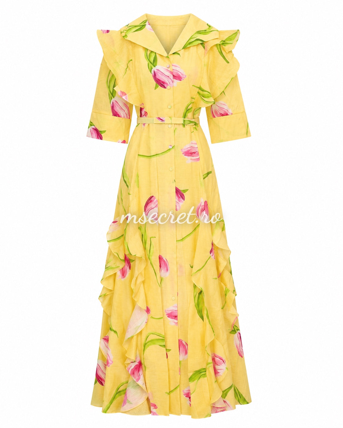 Rochie din in galbena cu print floral si volane