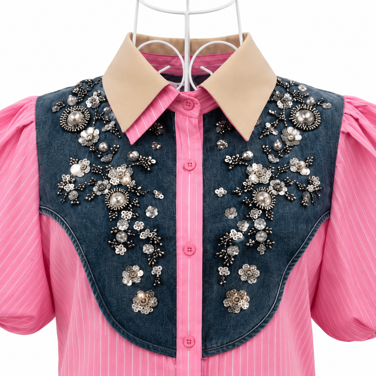 Camasa roz din bumbac cu denim