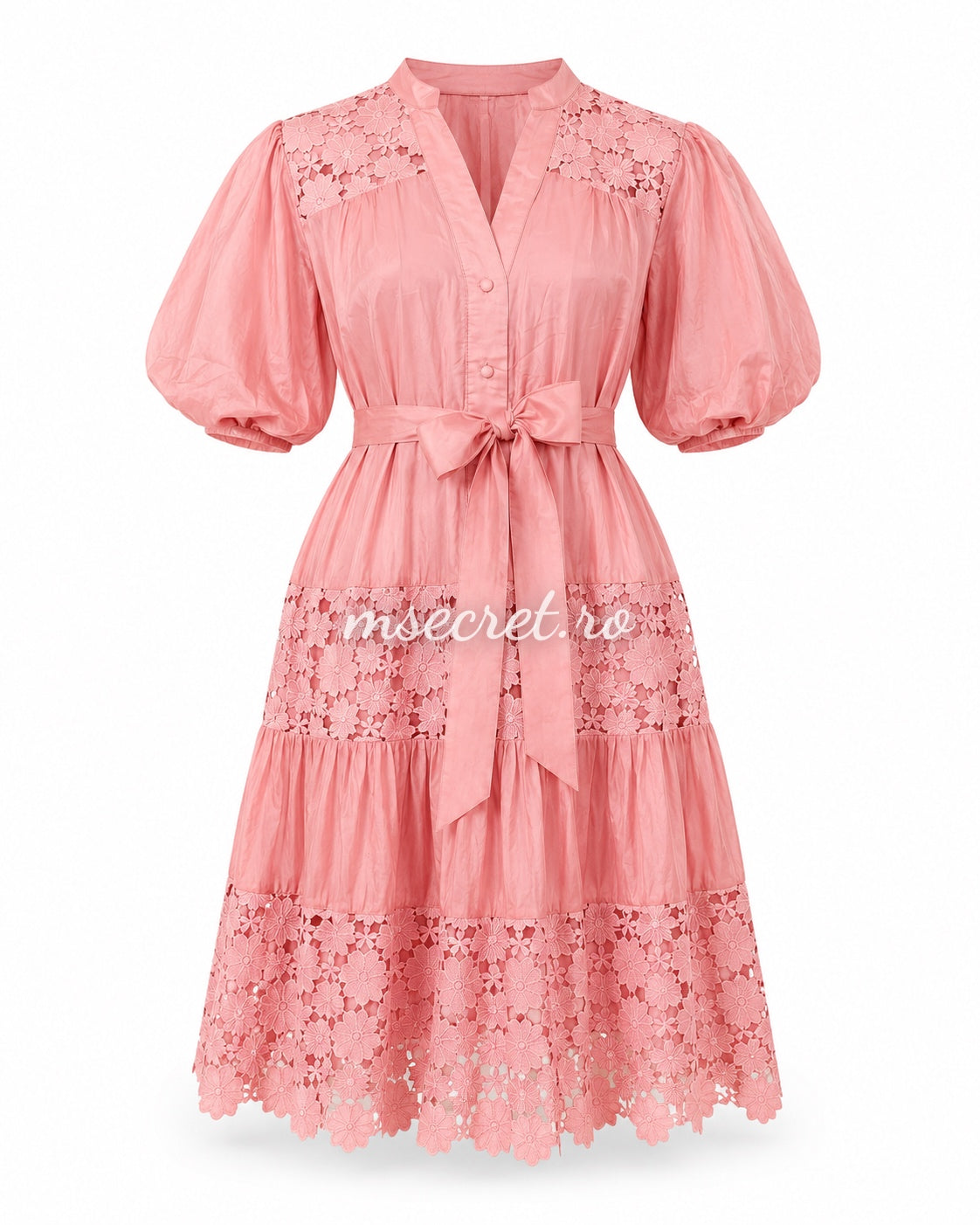 Rochie roz cu maneci bufante si broderie florala